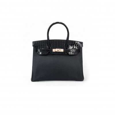HERMÈS MASTER BIRKIN 30 CROCODILE AND TOGO LEATHER BLACK SILVER BUCKLE H076235CK02 (30*22*16cm)